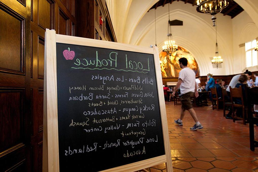 Sign explaining local produce at Frary Dining Hall at Pomona College